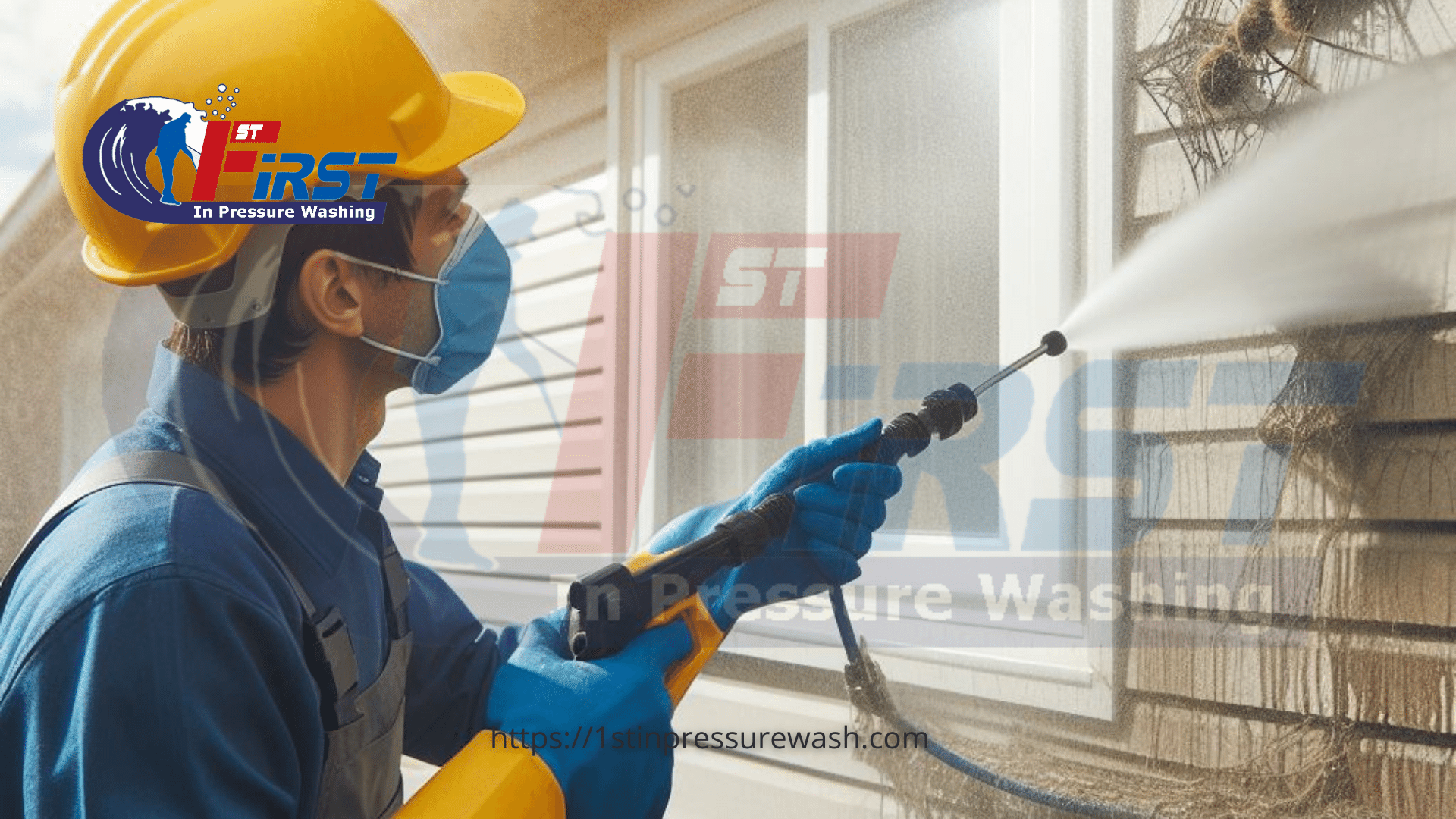 A man doing pressure washing service technician is cleaning the exterior of a house with a high-pressure water jet. The house is covered in dirt, grime, and cobwebs. The technician is wearing a blue uniform and a yellow hard hat. The sun is shining brightly in the sky.
Regular Pressure Washing.
